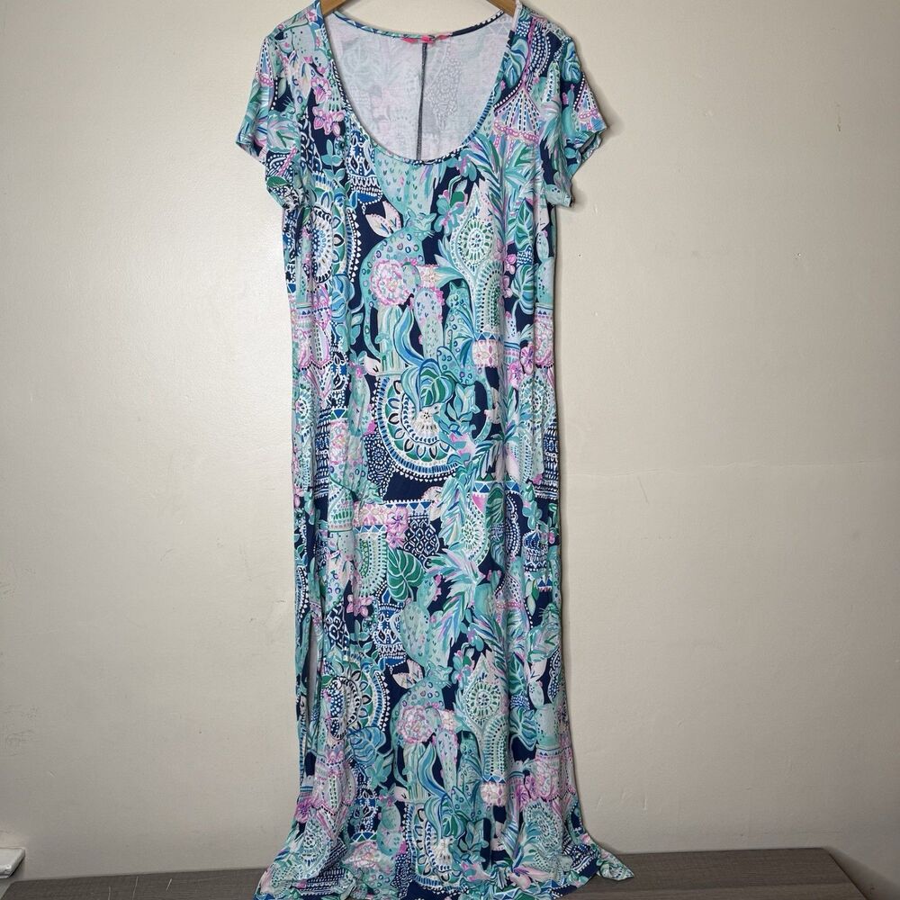 Lilly Pulitzer Laurana Maxi Dress Womens XL Cactus Cat Jersey Stretch Sundress - Picture 2 of 11